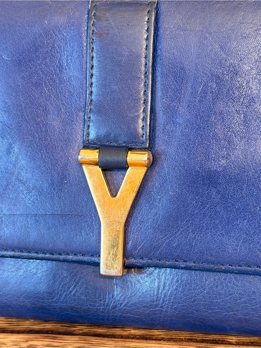 Authentic Saint Laurent YSL Blue Smooth Leather Cassandra Wallet Gold Hardware